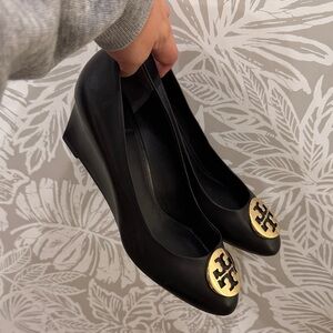 Tory Burch Black Wedges with Gold Logo